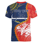 Custom Dragons And Cowboys Rugby Women V-Neck T-Shirt Aboriginal Mix Polynesian Pattern
