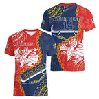 Custom Dragons And Cowboys Rugby Women V-Neck T-Shirt Aboriginal Mix Polynesian Pattern