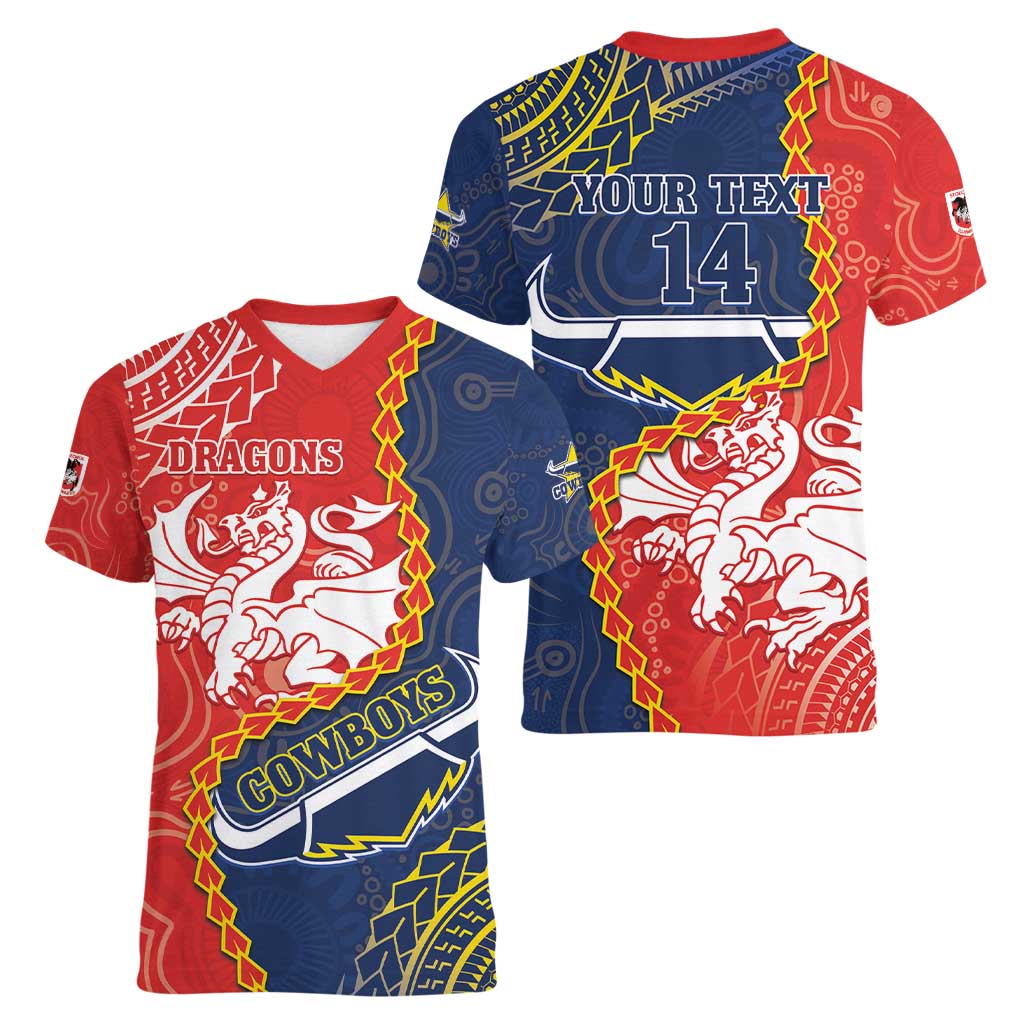 Custom Dragons And Cowboys Rugby Women V-Neck T-Shirt Aboriginal Mix Polynesian Pattern