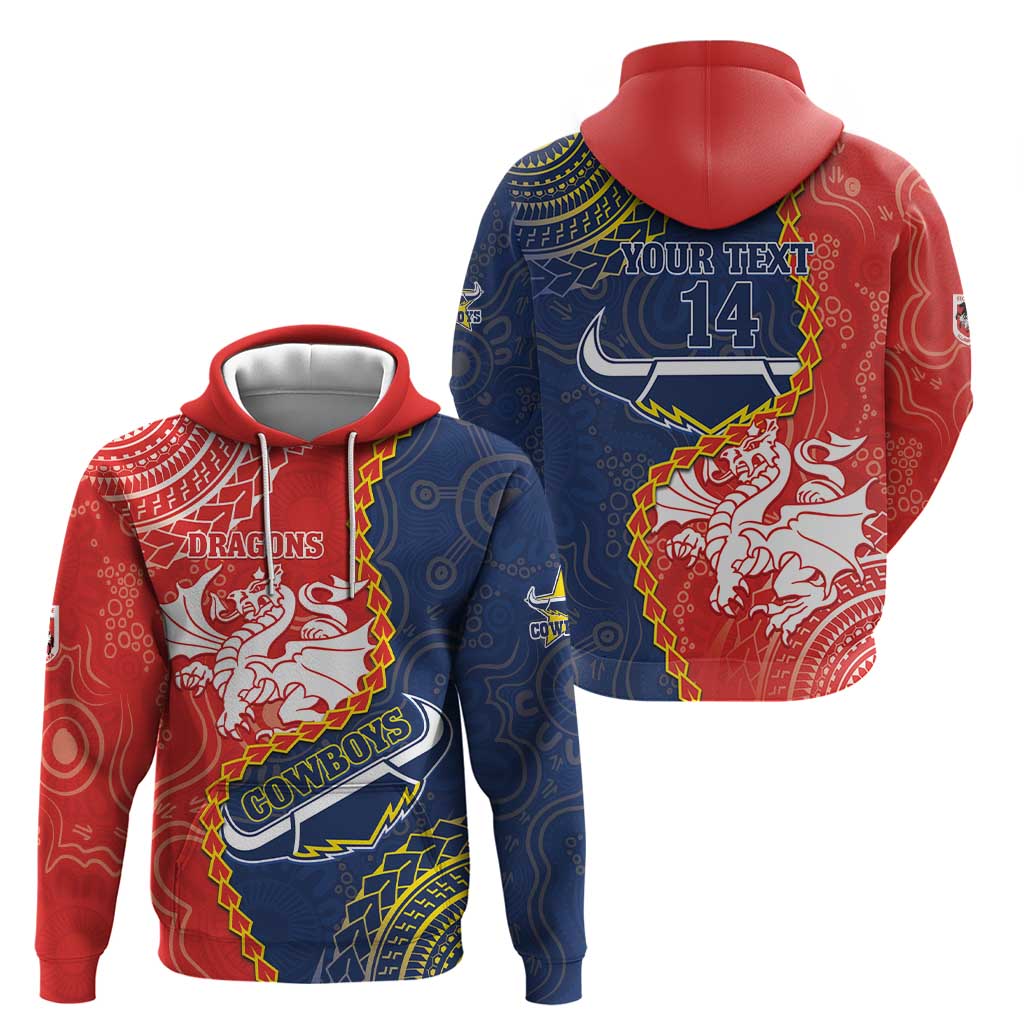 Custom Dragons And Cowboys Rugby Zip Hoodie Aboriginal Mix Polynesian Pattern