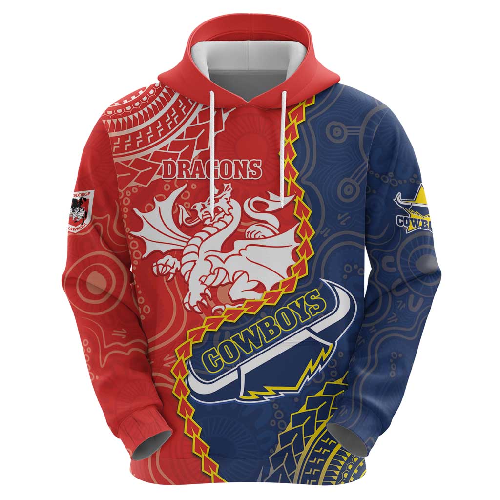 Custom Dragons And Cowboys Rugby Zip Hoodie Aboriginal Mix Polynesian Pattern