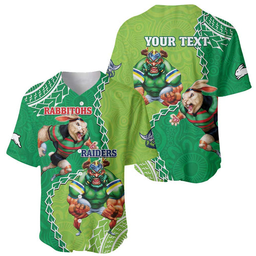 Personalised Rabbitohs And Raiders Rugby Baseball Jersey Aboriginal Mix Polynesian Pattern