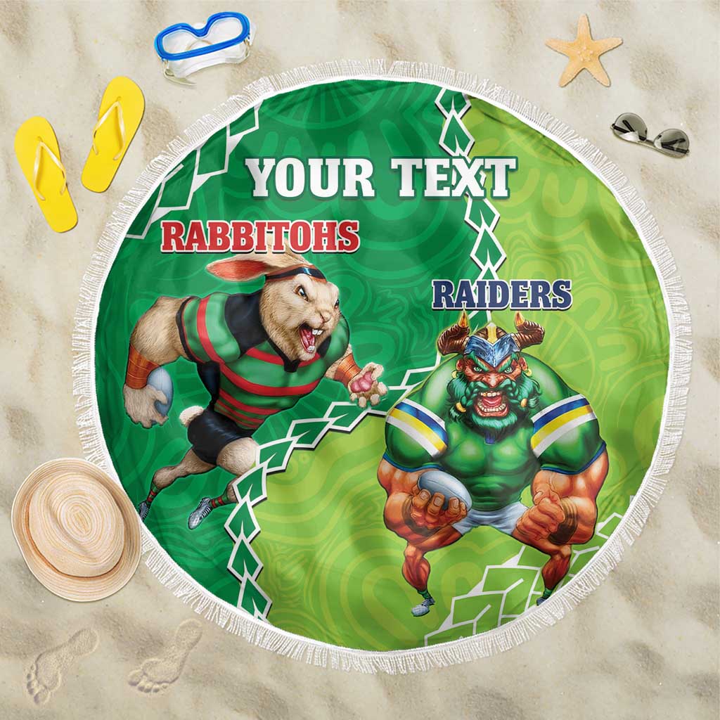 Personalised Rabbitohs And Raiders Rugby Beach Blanket Aboriginal Mix Polynesian Pattern