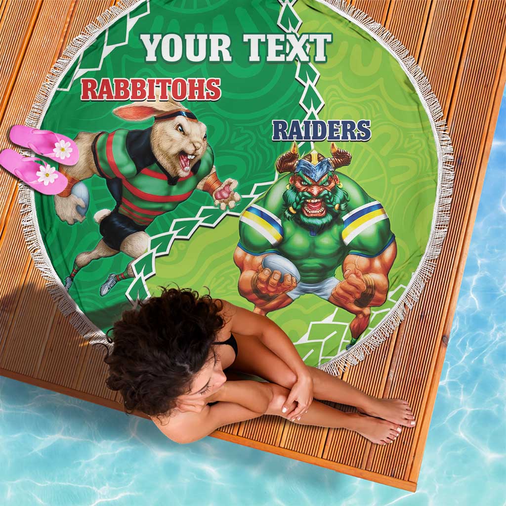 Personalised Rabbitohs And Raiders Rugby Beach Blanket Aboriginal Mix Polynesian Pattern
