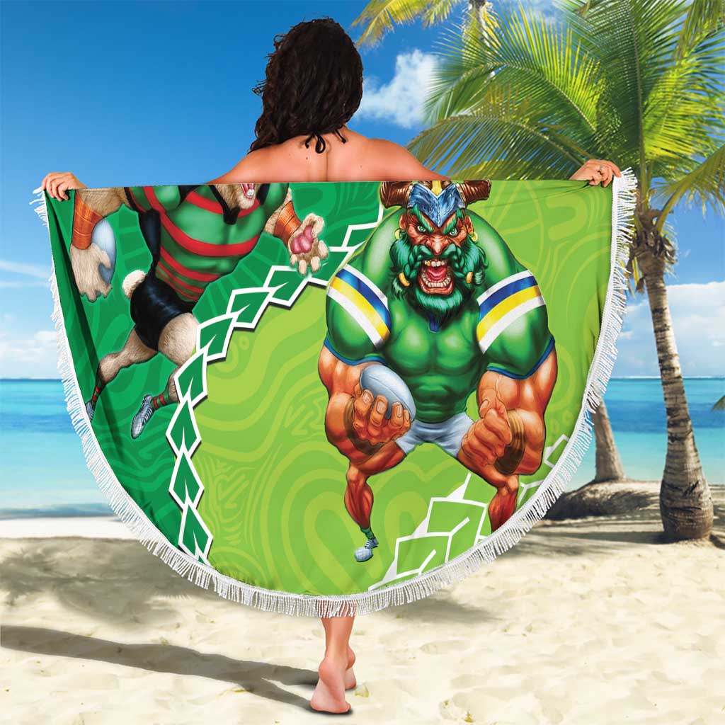 Personalised Rabbitohs And Raiders Rugby Beach Blanket Aboriginal Mix Polynesian Pattern