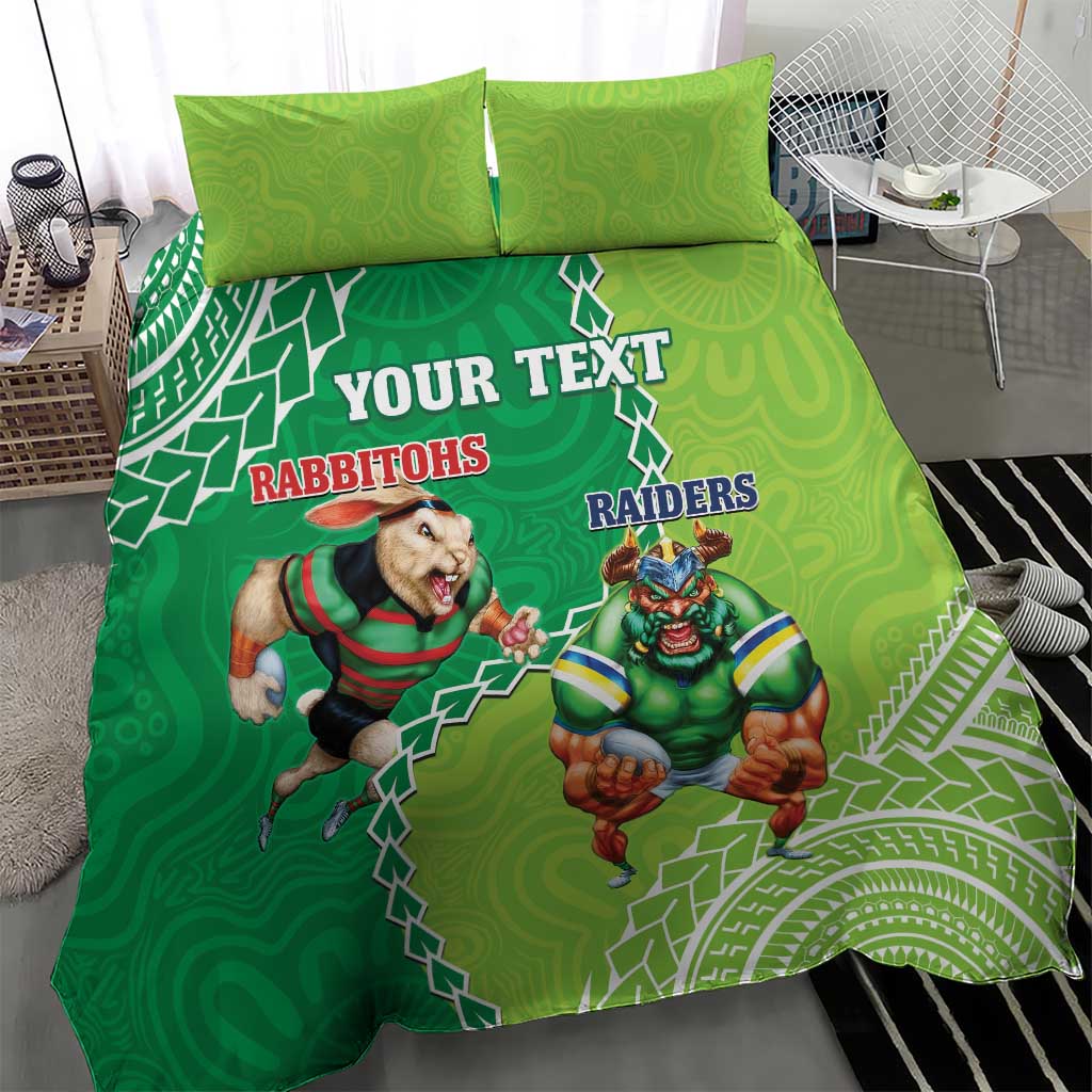 Personalised Rabbitohs And Raiders Rugby Bedding Set Aboriginal Mix Polynesian Pattern
