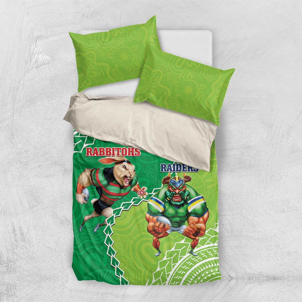 Personalised Rabbitohs And Raiders Rugby Bedding Set Aboriginal Mix Polynesian Pattern