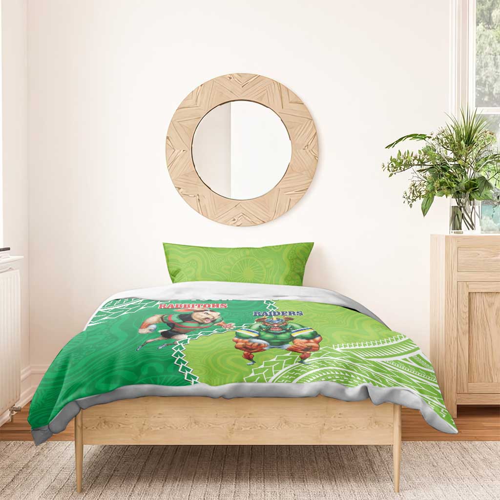 Personalised Rabbitohs And Raiders Rugby Bedding Set Aboriginal Mix Polynesian Pattern