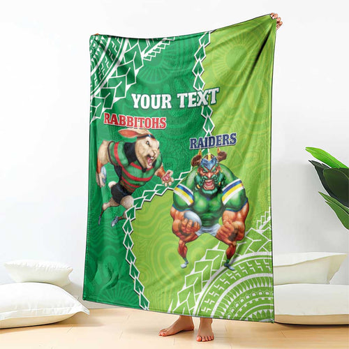 Personalised Rabbitohs And Raiders Rugby Blanket Aboriginal Mix Polynesian Pattern