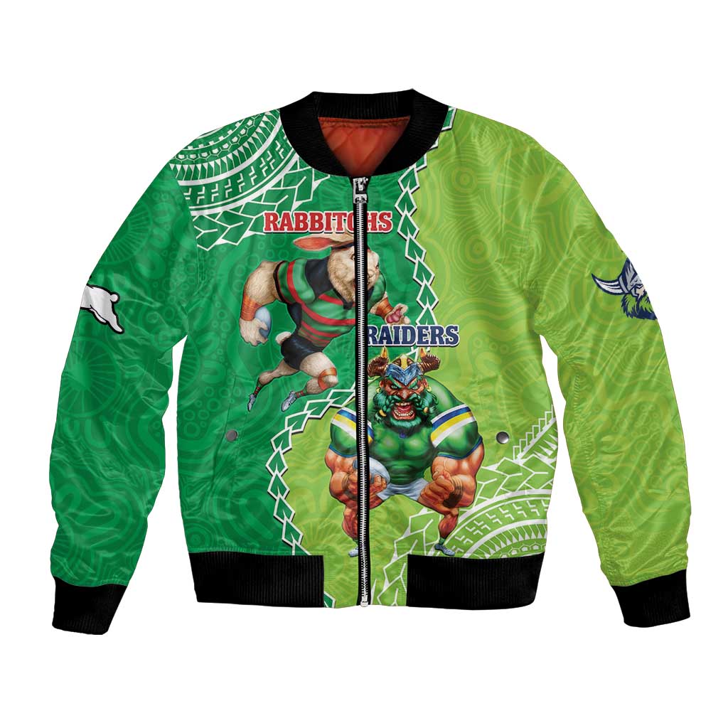 Personalised Rabbitohs And Raiders Rugby Bomber Jacket Aboriginal Mix Polynesian Pattern