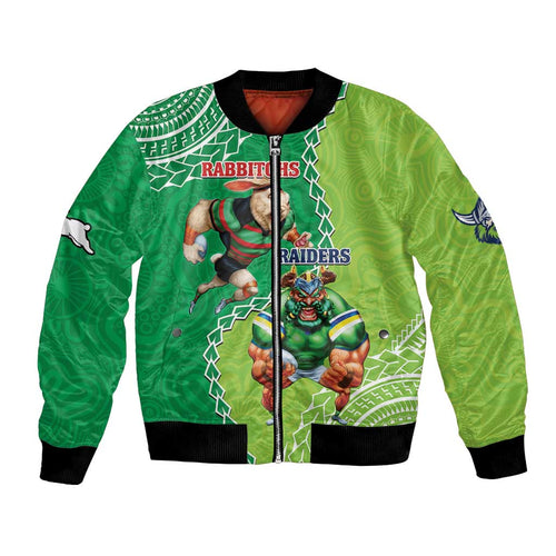 Personalised Rabbitohs And Raiders Rugby Bomber Jacket Aboriginal Mix Polynesian Pattern
