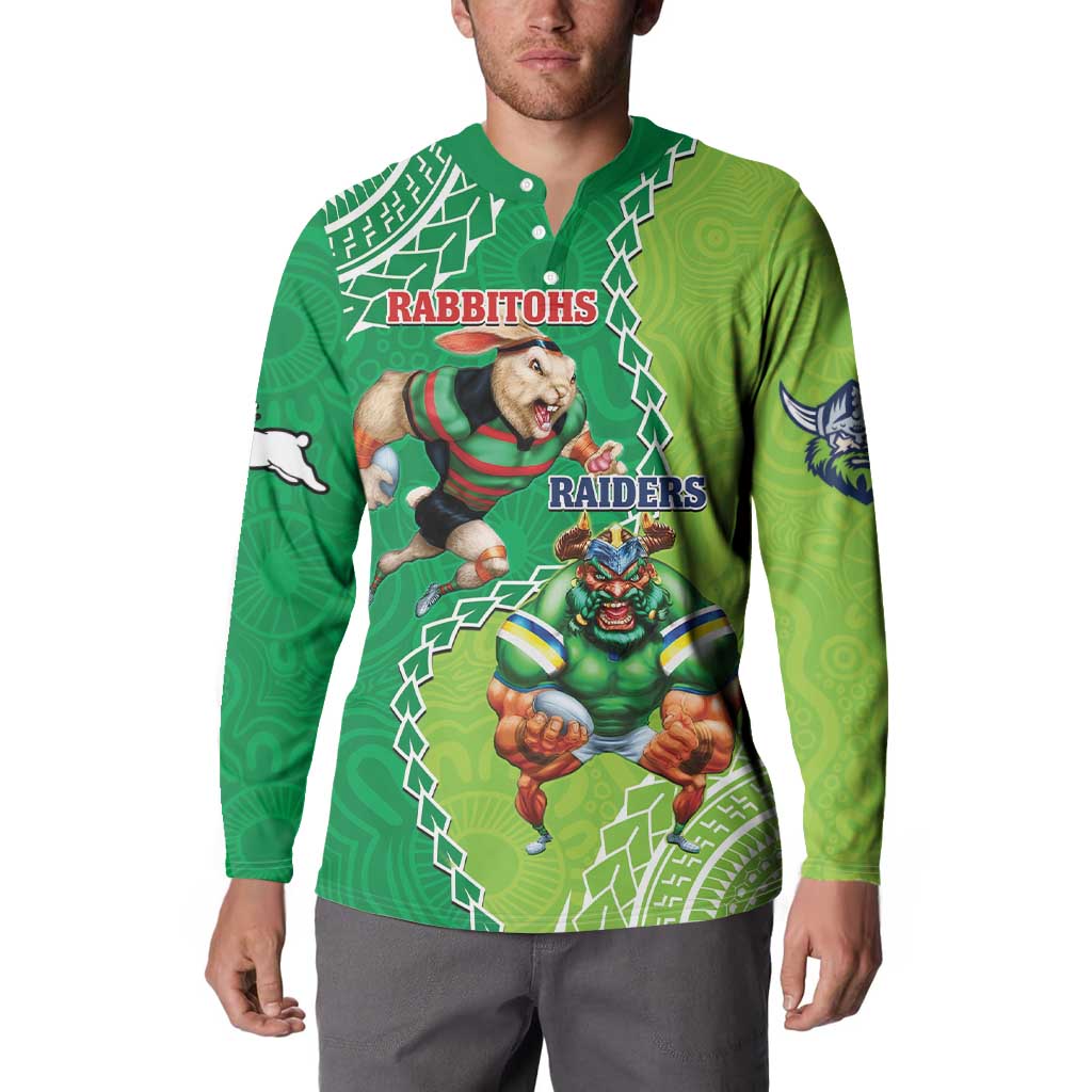 Personalised Rabbitohs And Raiders Rugby Button Sweatshirt Aboriginal Mix Polynesian Pattern