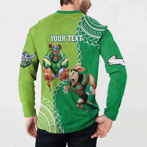 Personalised Rabbitohs And Raiders Rugby Button Sweatshirt Aboriginal Mix Polynesian Pattern