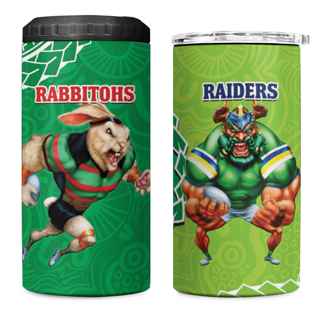 Rabbitohs And Raiders Rugby 4 in 1 Can Cooler Tumbler Aboriginal Mix Polynesian Pattern