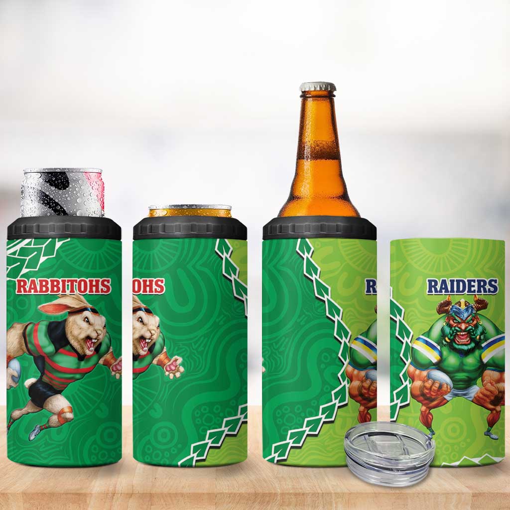 Rabbitohs And Raiders Rugby 4 in 1 Can Cooler Tumbler Aboriginal Mix Polynesian Pattern