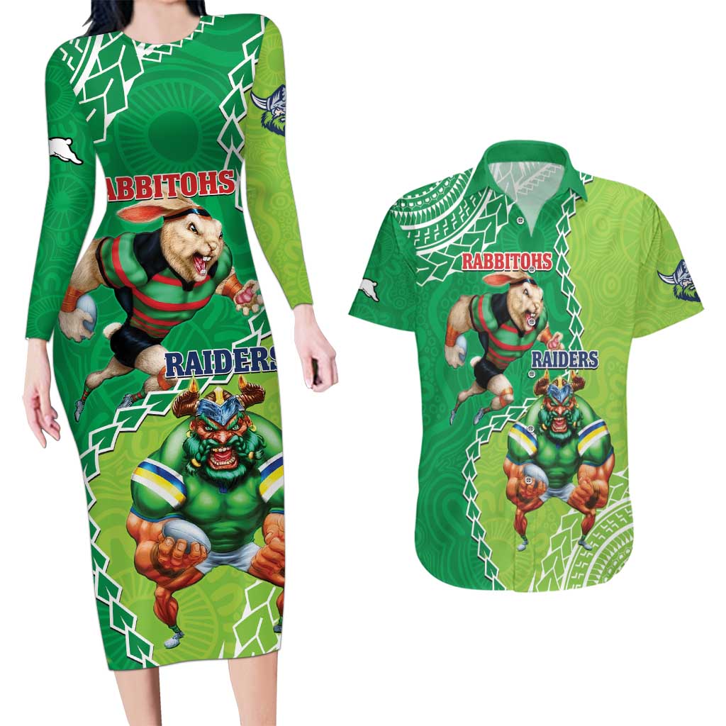 Personalised Rabbitohs And Raiders Rugby Couples Matching Long Sleeve Bodycon Dress and Hawaiian Shirt Aboriginal Mix Polynesian Pattern