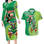 Personalised Rabbitohs And Raiders Rugby Couples Matching Long Sleeve Bodycon Dress and Hawaiian Shirt Aboriginal Mix Polynesian Pattern