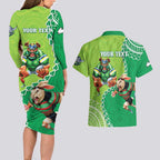 Personalised Rabbitohs And Raiders Rugby Couples Matching Long Sleeve Bodycon Dress and Hawaiian Shirt Aboriginal Mix Polynesian Pattern