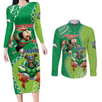 Personalised Rabbitohs And Raiders Rugby Couples Matching Long Sleeve Bodycon Dress and Long Sleeve Button Shirt Aboriginal Mix Polynesian Pattern
