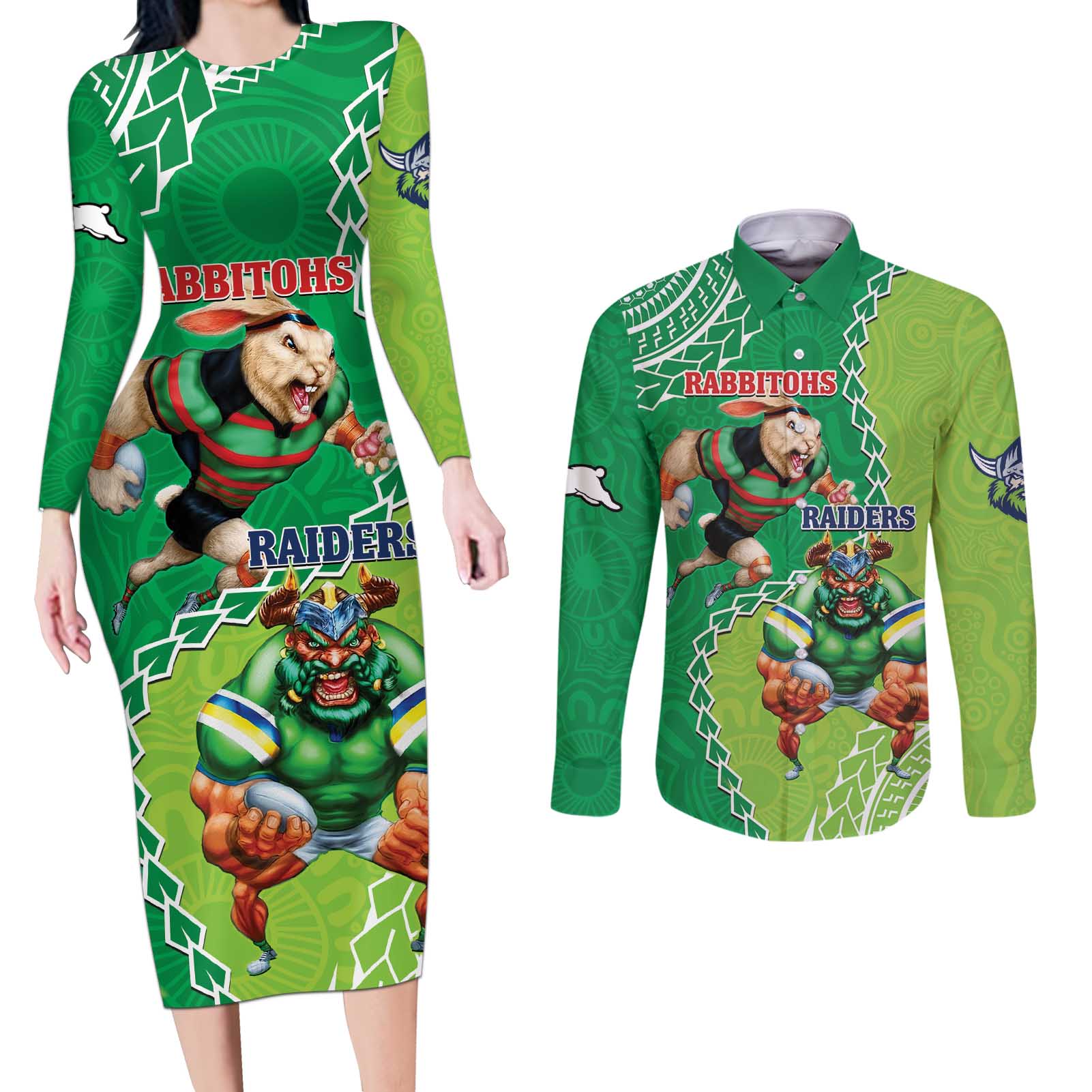 Personalised Rabbitohs And Raiders Rugby Couples Matching Long Sleeve Bodycon Dress and Long Sleeve Button Shirt Aboriginal Mix Polynesian Pattern