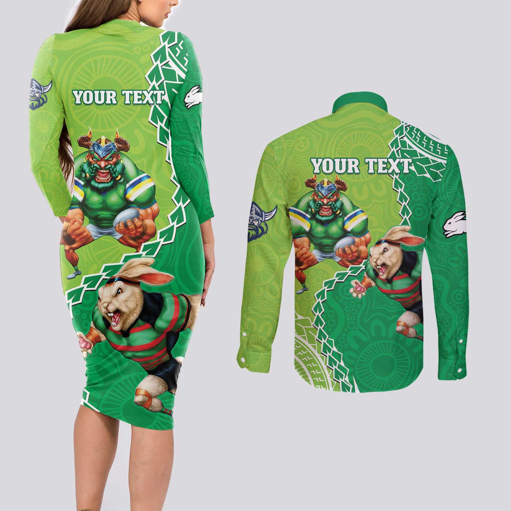 Personalised Rabbitohs And Raiders Rugby Couples Matching Long Sleeve Bodycon Dress and Long Sleeve Button Shirt Aboriginal Mix Polynesian Pattern