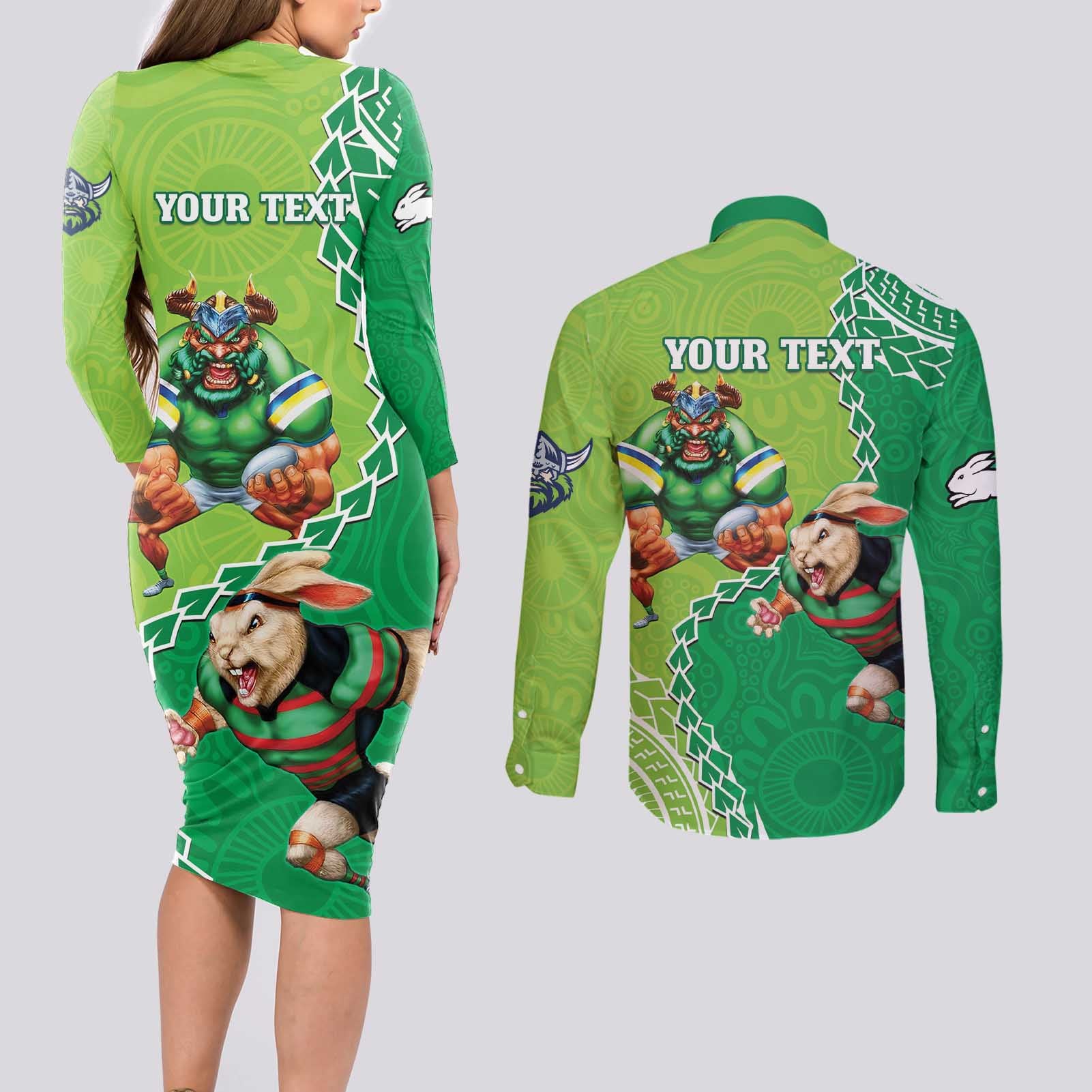 Personalised Rabbitohs And Raiders Rugby Couples Matching Long Sleeve Bodycon Dress and Long Sleeve Button Shirt Aboriginal Mix Polynesian Pattern