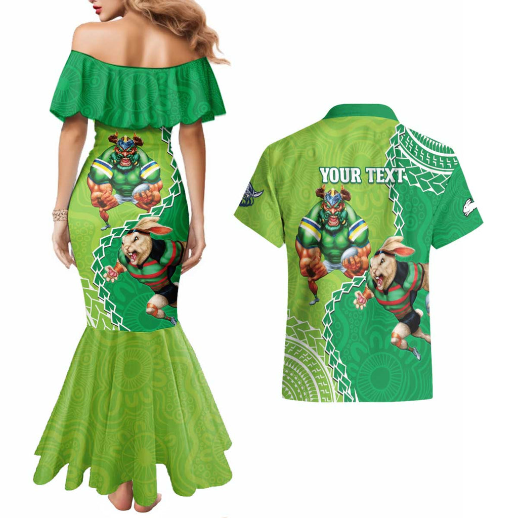 Personalised Rabbitohs And Raiders Rugby Couples Matching Mermaid Dress and Hawaiian Shirt Aboriginal Mix Polynesian Pattern