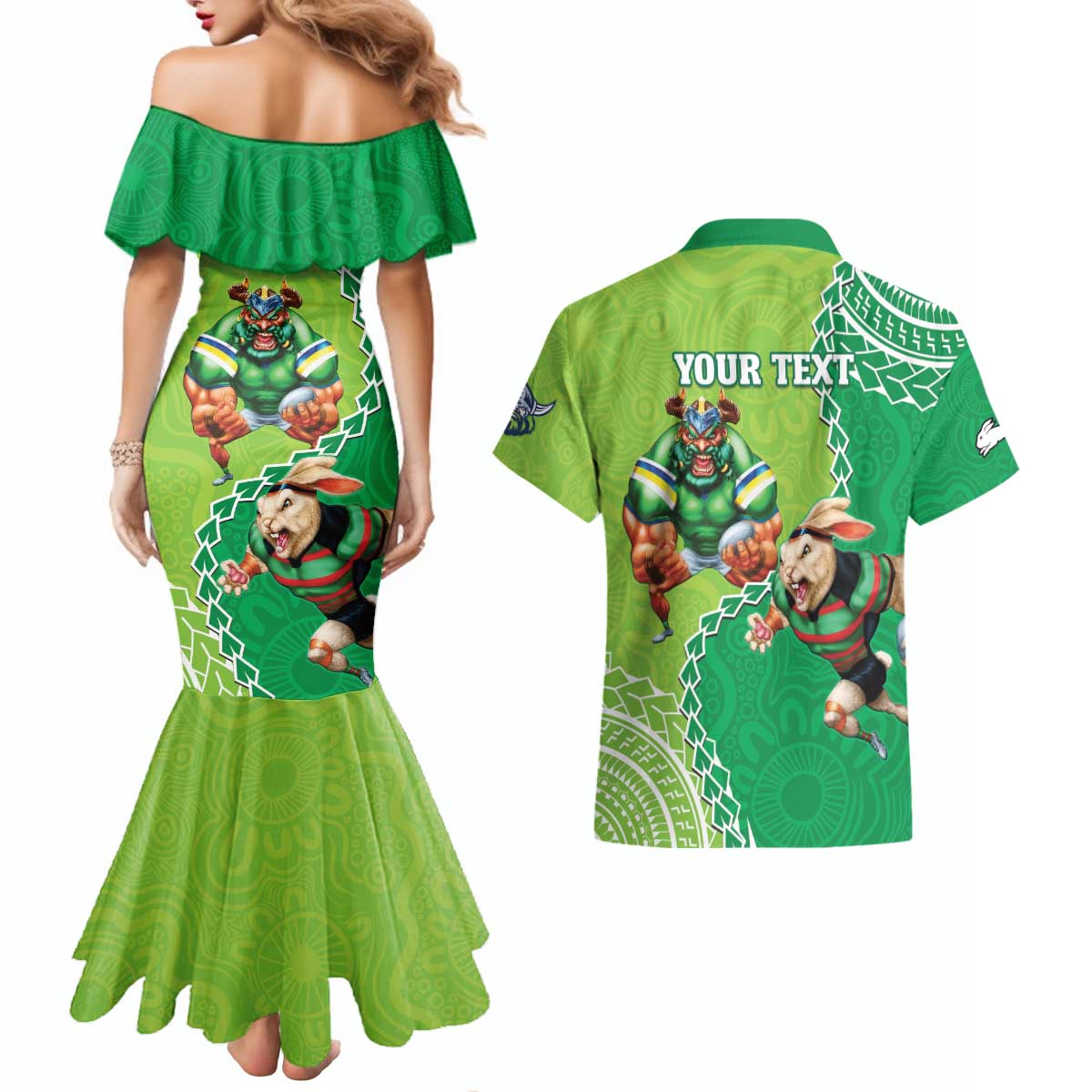 Personalised Rabbitohs And Raiders Rugby Couples Matching Mermaid Dress and Hawaiian Shirt Aboriginal Mix Polynesian Pattern