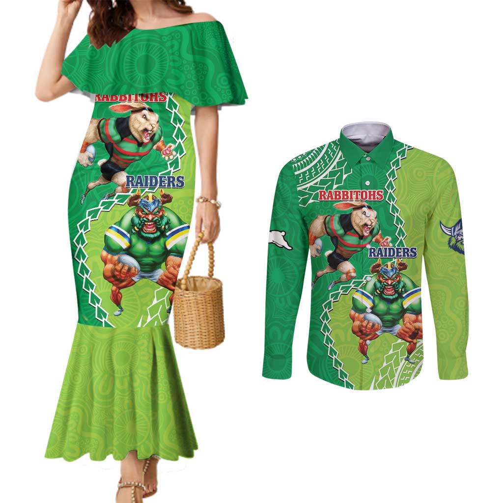 Personalised Rabbitohs And Raiders Rugby Couples Matching Mermaid Dress and Long Sleeve Button Shirt Aboriginal Mix Polynesian Pattern