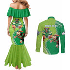 Personalised Rabbitohs And Raiders Rugby Couples Matching Mermaid Dress and Long Sleeve Button Shirt Aboriginal Mix Polynesian Pattern