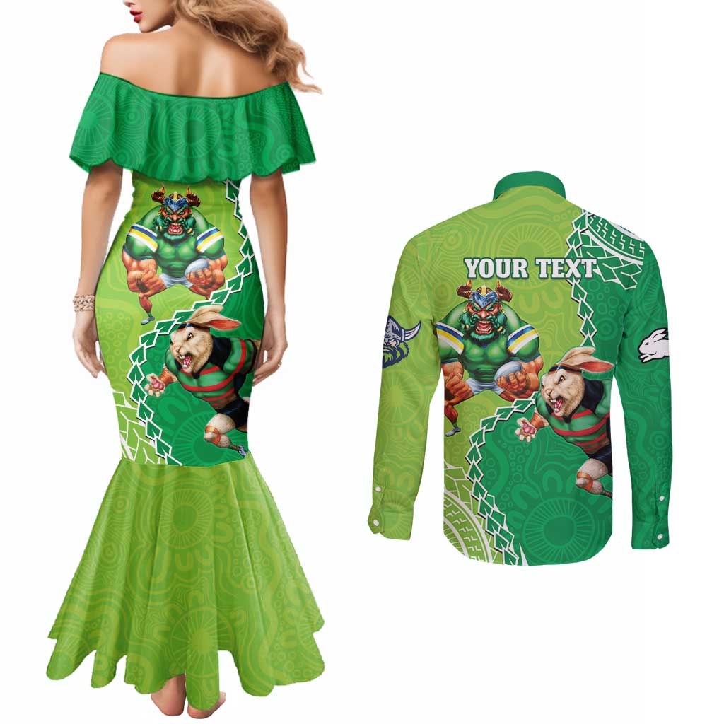 Personalised Rabbitohs And Raiders Rugby Couples Matching Mermaid Dress and Long Sleeve Button Shirt Aboriginal Mix Polynesian Pattern