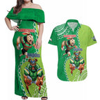 Personalised Rabbitohs And Raiders Rugby Couples Matching Off Shoulder Maxi Dress and Hawaiian Shirt Aboriginal Mix Polynesian Pattern