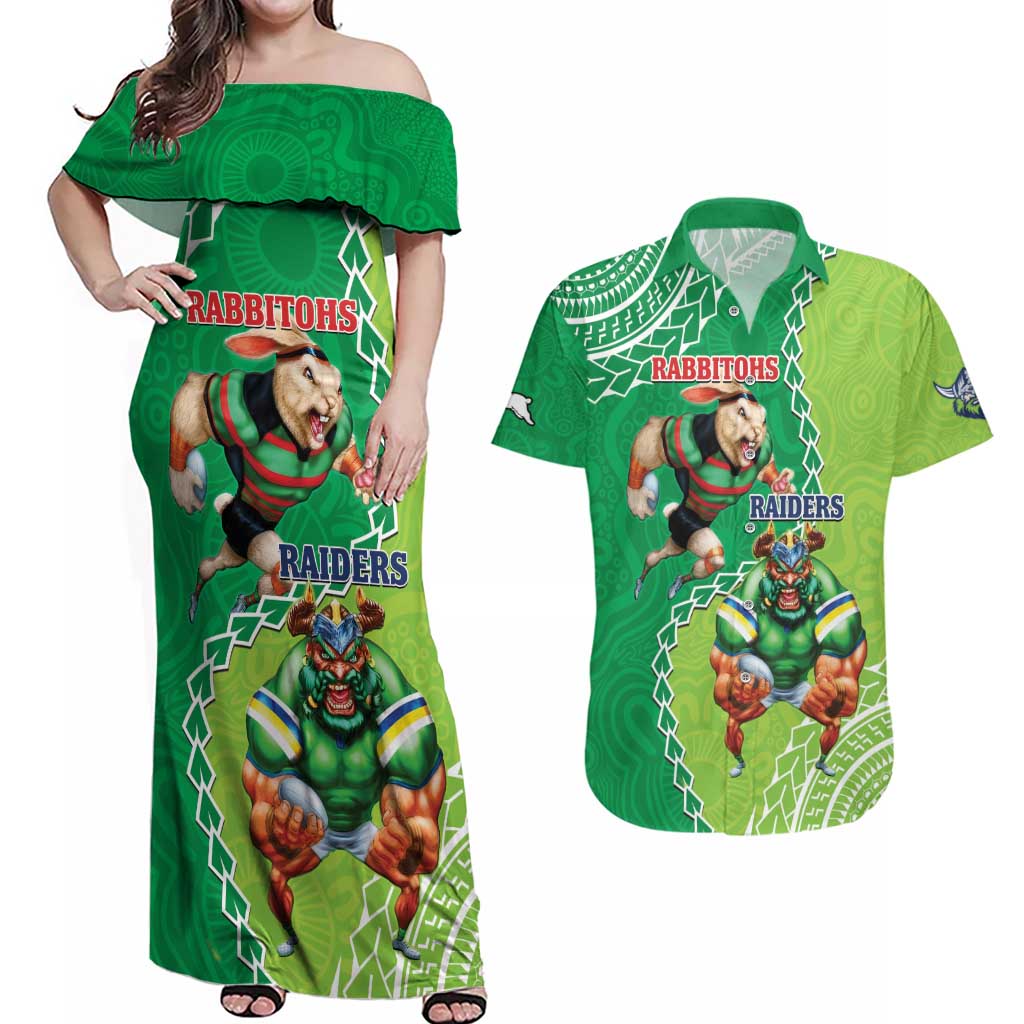 Personalised Rabbitohs And Raiders Rugby Couples Matching Off Shoulder Maxi Dress and Hawaiian Shirt Aboriginal Mix Polynesian Pattern