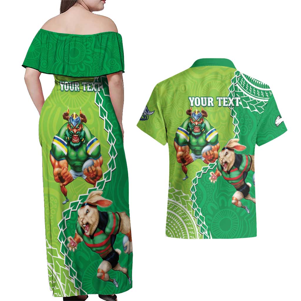 Personalised Rabbitohs And Raiders Rugby Couples Matching Off Shoulder Maxi Dress and Hawaiian Shirt Aboriginal Mix Polynesian Pattern