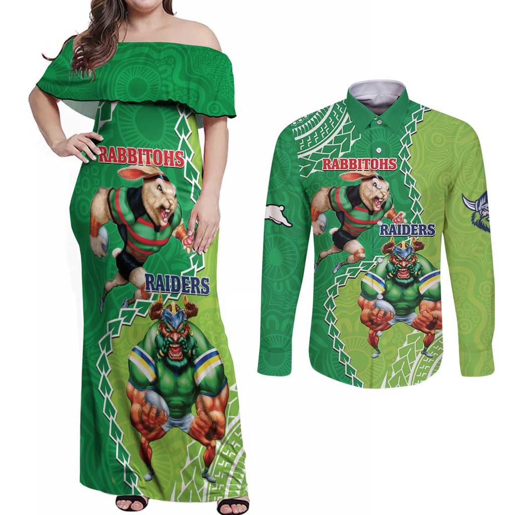 Personalised Rabbitohs And Raiders Rugby Couples Matching Off Shoulder Maxi Dress and Long Sleeve Button Shirt Aboriginal Mix Polynesian Pattern