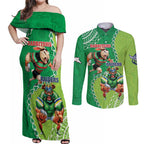 Personalised Rabbitohs And Raiders Rugby Couples Matching Off Shoulder Maxi Dress and Long Sleeve Button Shirt Aboriginal Mix Polynesian Pattern