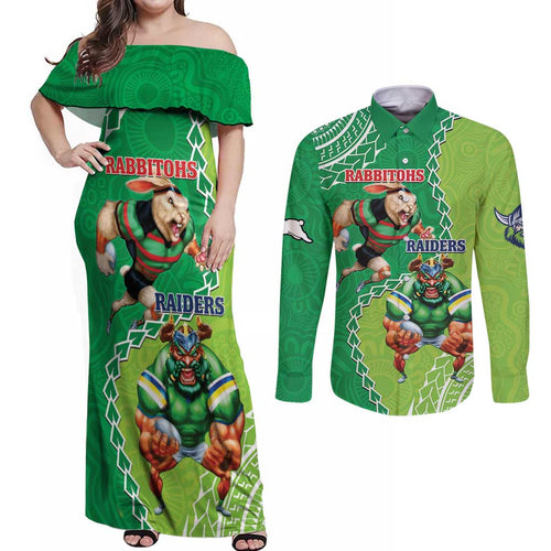 Personalised Rabbitohs And Raiders Rugby Couples Matching Off Shoulder Maxi Dress and Long Sleeve Button Shirt Aboriginal Mix Polynesian Pattern