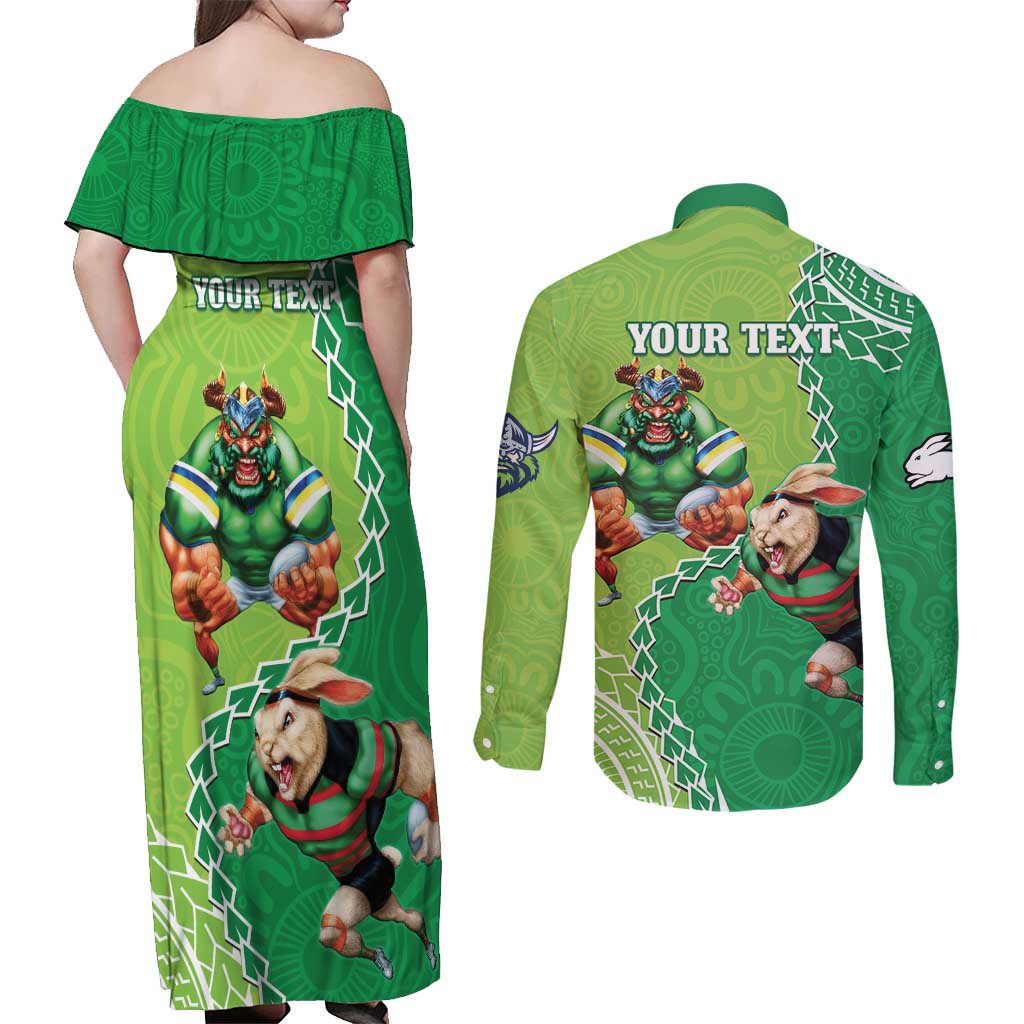 Personalised Rabbitohs And Raiders Rugby Couples Matching Off Shoulder Maxi Dress and Long Sleeve Button Shirt Aboriginal Mix Polynesian Pattern