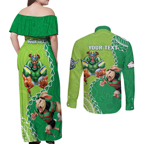 Personalised Rabbitohs And Raiders Rugby Couples Matching Off Shoulder Maxi Dress and Long Sleeve Button Shirt Aboriginal Mix Polynesian Pattern