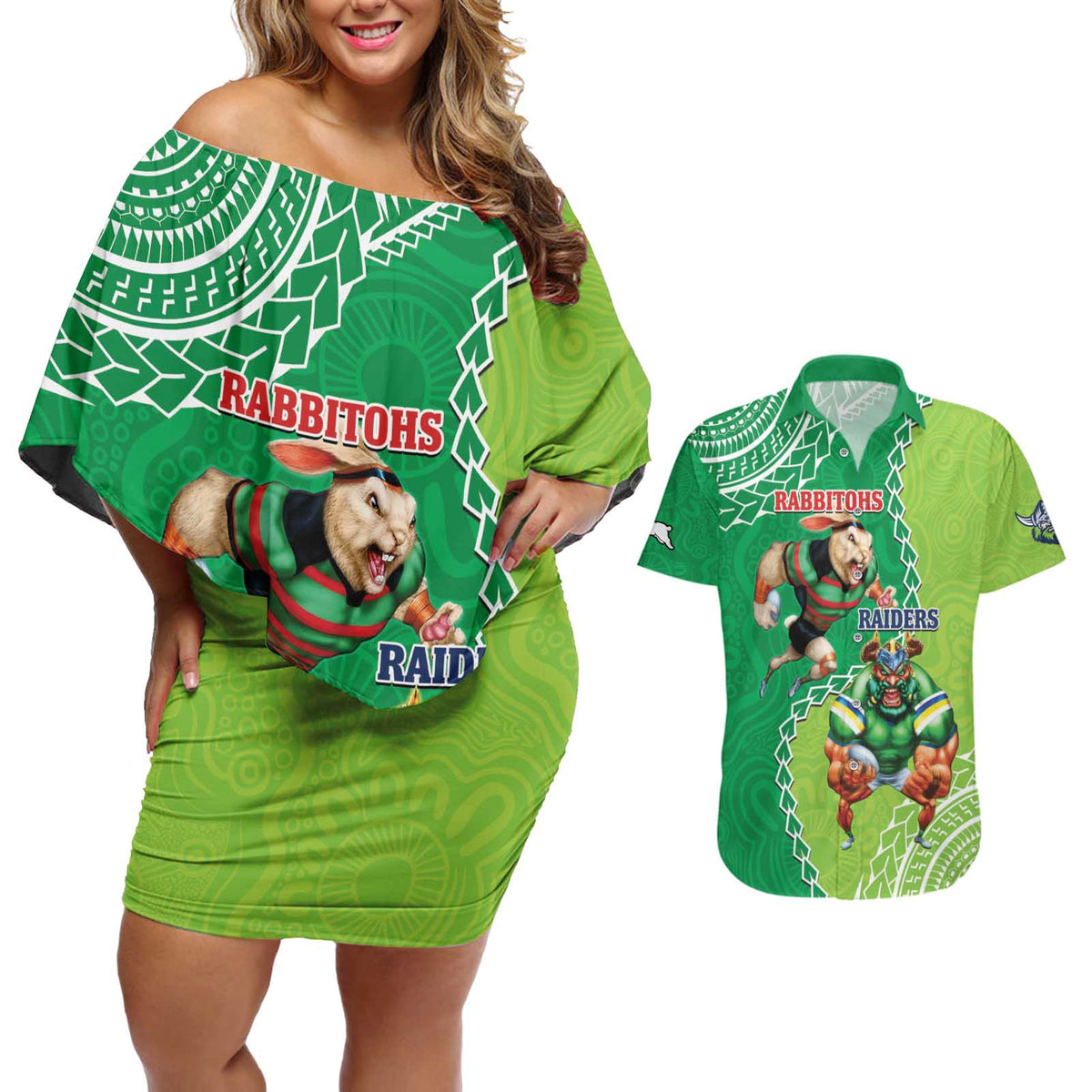 Personalised Rabbitohs And Raiders Rugby Couples Matching Off Shoulder Short Dress and Hawaiian Shirt Aboriginal Mix Polynesian Pattern