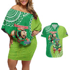 Personalised Rabbitohs And Raiders Rugby Couples Matching Off Shoulder Short Dress and Hawaiian Shirt Aboriginal Mix Polynesian Pattern