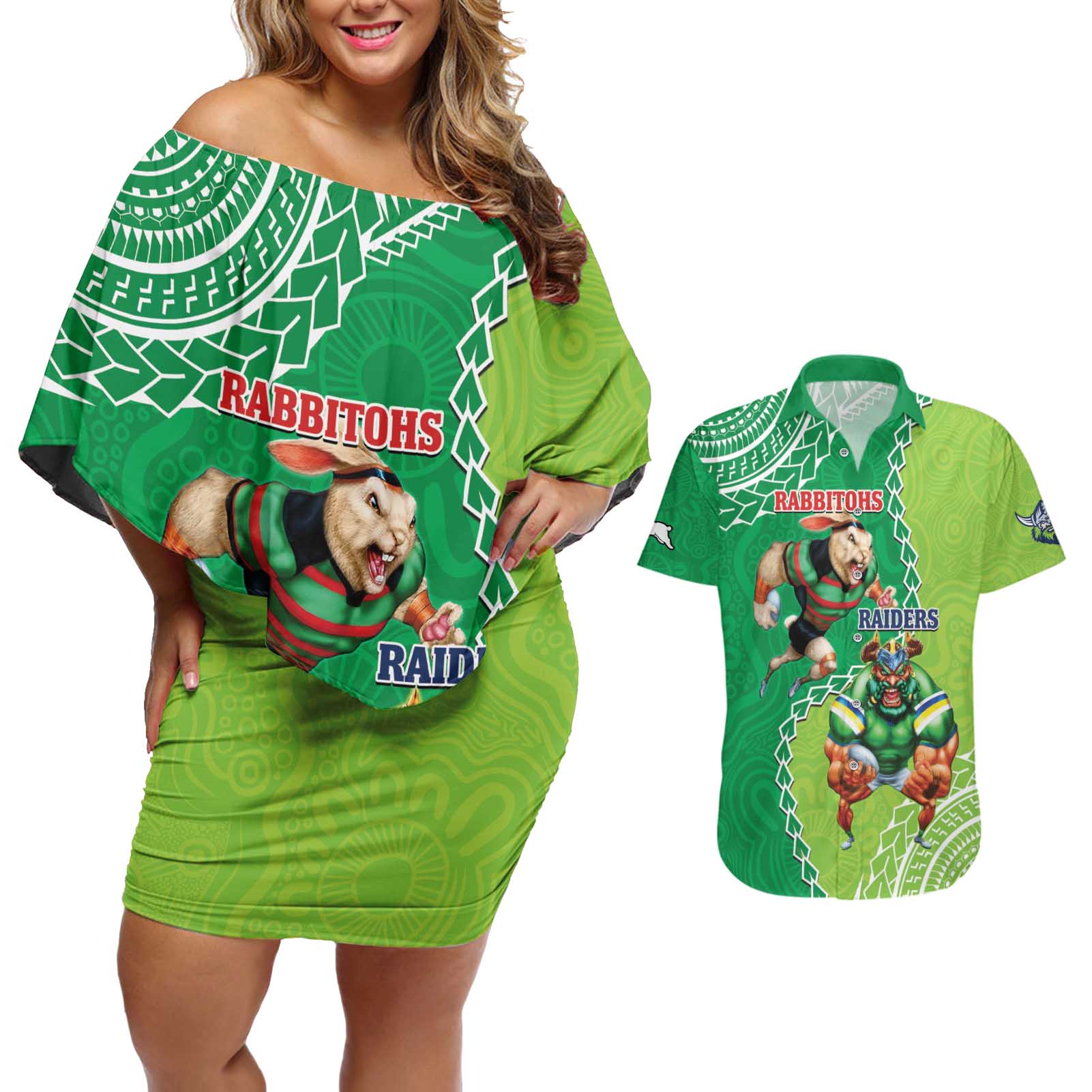 Personalised Rabbitohs And Raiders Rugby Couples Matching Off Shoulder Short Dress and Hawaiian Shirt Aboriginal Mix Polynesian Pattern