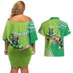 Personalised Rabbitohs And Raiders Rugby Couples Matching Off Shoulder Short Dress and Hawaiian Shirt Aboriginal Mix Polynesian Pattern