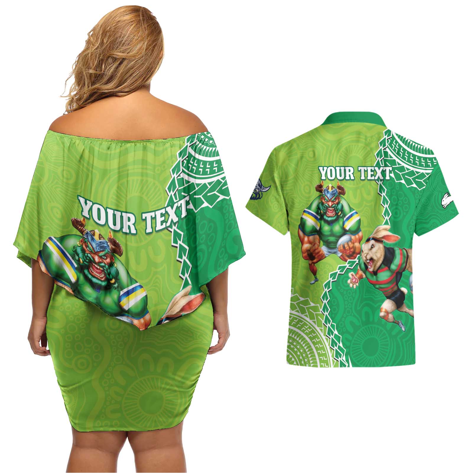 Personalised Rabbitohs And Raiders Rugby Couples Matching Off Shoulder Short Dress and Hawaiian Shirt Aboriginal Mix Polynesian Pattern