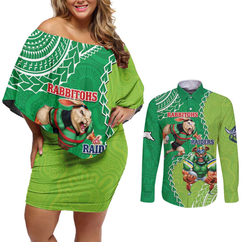 Personalised Rabbitohs And Raiders Rugby Couples Matching Off Shoulder Short Dress and Long Sleeve Button Shirt Aboriginal Mix Polynesian Pattern