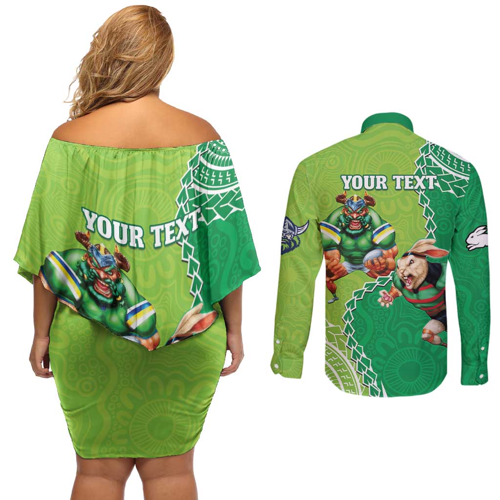 Personalised Rabbitohs And Raiders Rugby Couples Matching Off Shoulder Short Dress and Long Sleeve Button Shirt Aboriginal Mix Polynesian Pattern