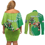 Personalised Rabbitohs And Raiders Rugby Couples Matching Off Shoulder Short Dress and Long Sleeve Button Shirt Aboriginal Mix Polynesian Pattern