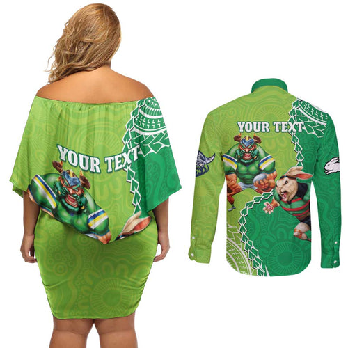 Personalised Rabbitohs And Raiders Rugby Couples Matching Off Shoulder Short Dress and Long Sleeve Button Shirt Aboriginal Mix Polynesian Pattern