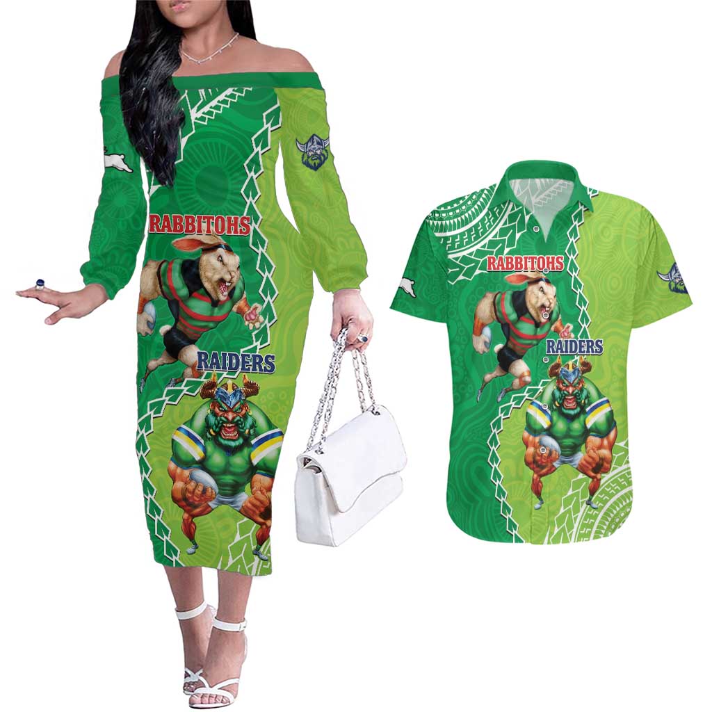 Personalised Rabbitohs And Raiders Rugby Couples Matching Off The Shoulder Long Sleeve Dress and Hawaiian Shirt Aboriginal Mix Polynesian Pattern