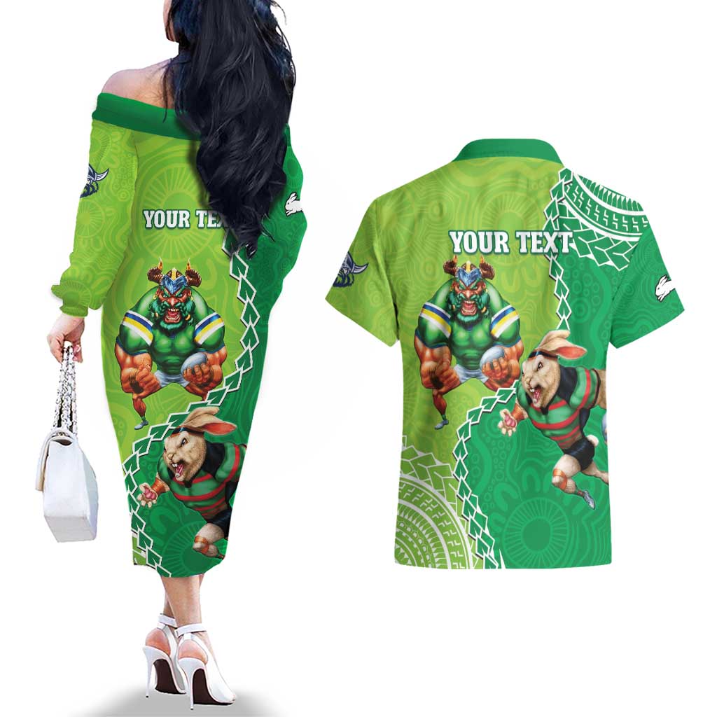 Personalised Rabbitohs And Raiders Rugby Couples Matching Off The Shoulder Long Sleeve Dress and Hawaiian Shirt Aboriginal Mix Polynesian Pattern